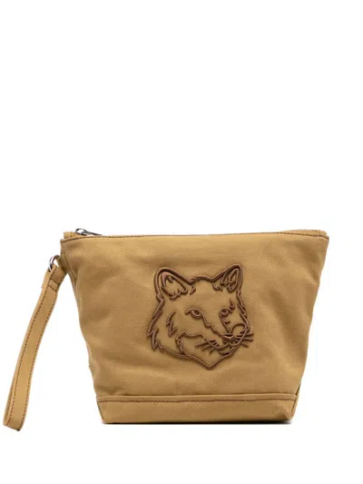 Maison Kitsuné Fox Head Zipped Pouch In Neutrals