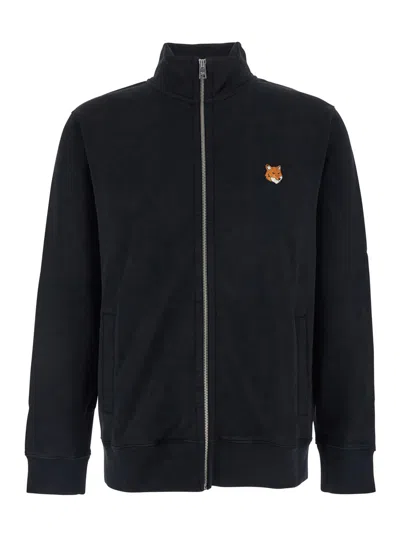 MAISON KITSUNÉ BLACK SWEATSHIRT WITH HIGH NECK AND LOGO PATCH ON THE FRONT IN COTTON MAN