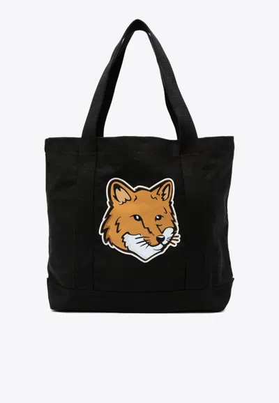 Maison Kitsuné Fox Logo Print Canvas Tote Bag In Black
