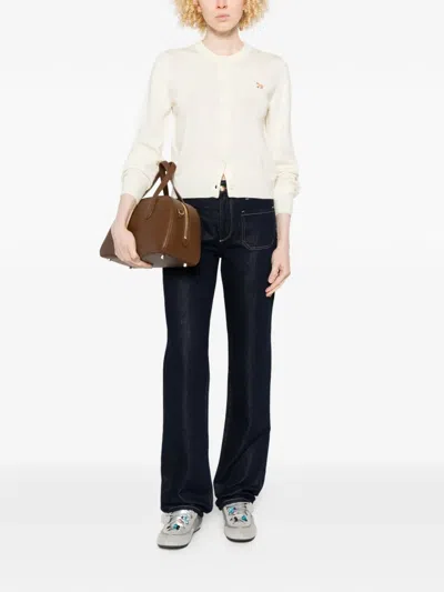 Maison Kitsuné Wool Cardigan Baby Fox Motif Crew Neck In White