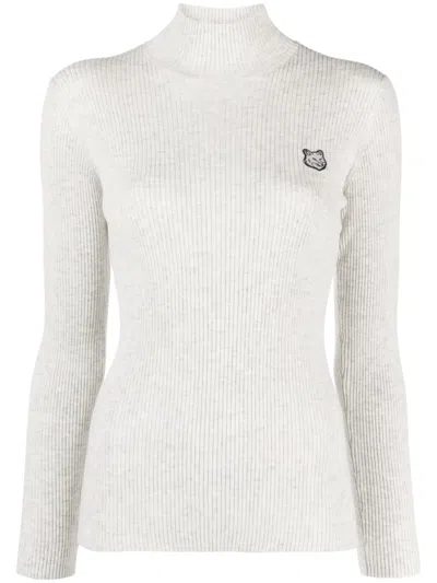 Maison Kitsuné Fox Patch Ribbed Jersey Long Sleeve Top In White