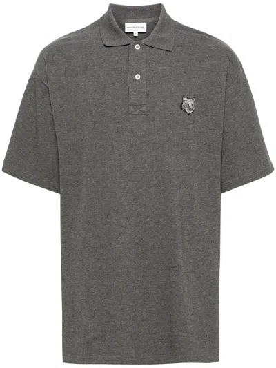 Maison Kitsuné Fox-motif Cotton Polo Shirt In Grey