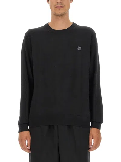 Maison Kitsuné Fox Patch Jersey With Classic Crew Neckline In Black