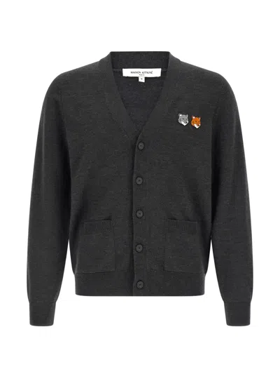 Maison Kitsuné Double Fox Cardigan Embroidered Patches Pockets In Gray