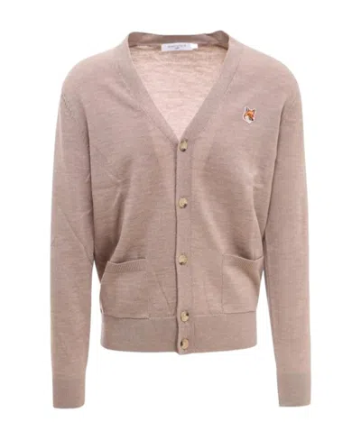 Maison Kitsuné Fox-patch Wool Cardigan In Nude