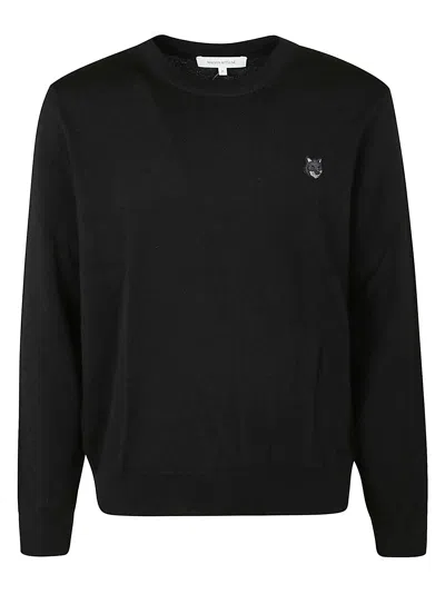 Maison Kitsuné Fox Patched Rib Trim Plain Sweater In Black