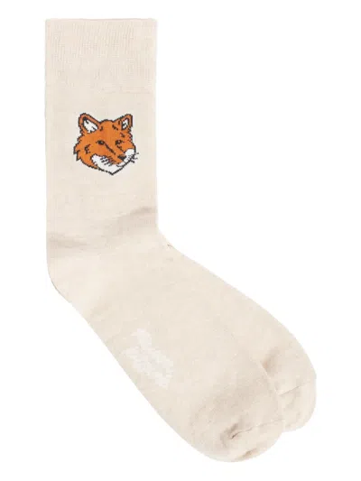 Maison Kitsuné Fox Head Embroidered Mid-calf Socks In Nude