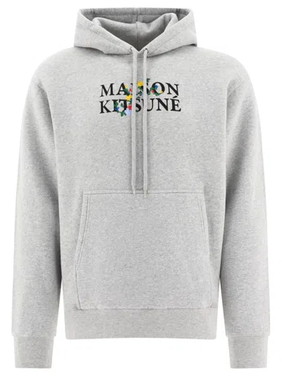 Maison Kitsuné Fw23 Men's Grey Cotton Hoodie With Flower Details In Gray