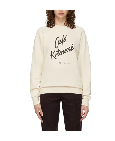 MAISON KITSUNÉ GRAY AND WHITE LOGO PRINTED ROUND-NECK SWEATER