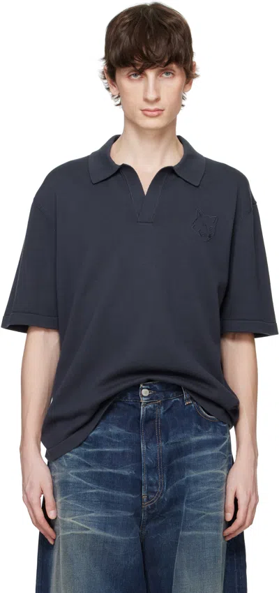 Maison Kitsuné Gray Bold Fox Head Embroidered Knitted Polo In Grey
