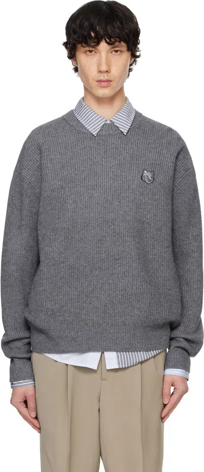 Maison Kitsuné Gray Bold Fox Head Patch Comfort Ribbed Sweater In H131 Medium Grey Mel