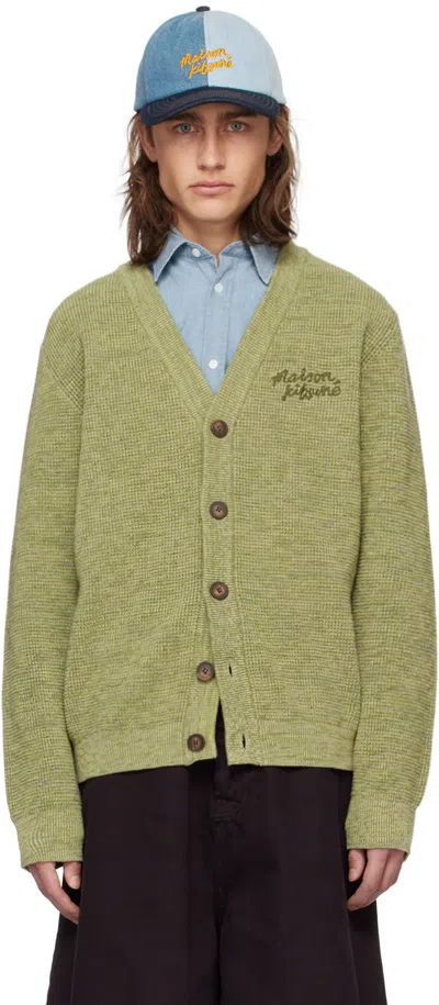 Maison Kitsuné Green Handwriting Cardigan In H358 Khaki Green Mel