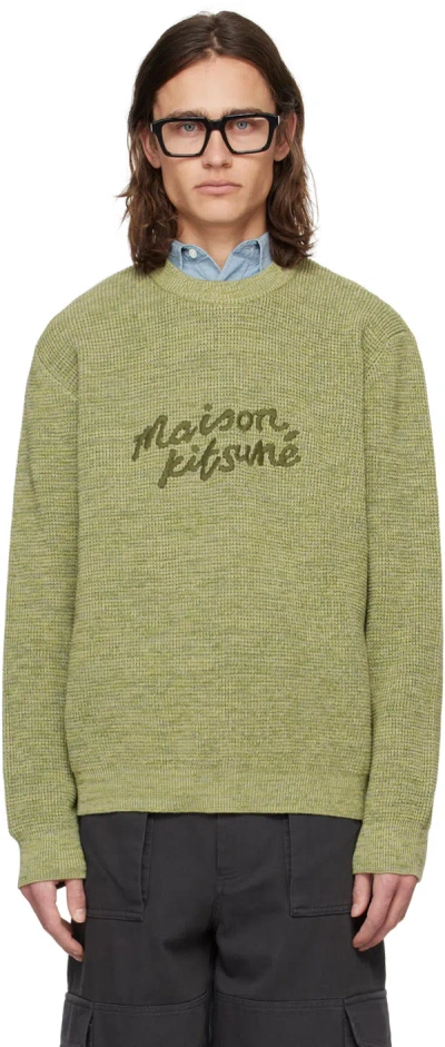 Maison Kitsuné Green Handwriting Sweater In H358 Khaki Green Mel
