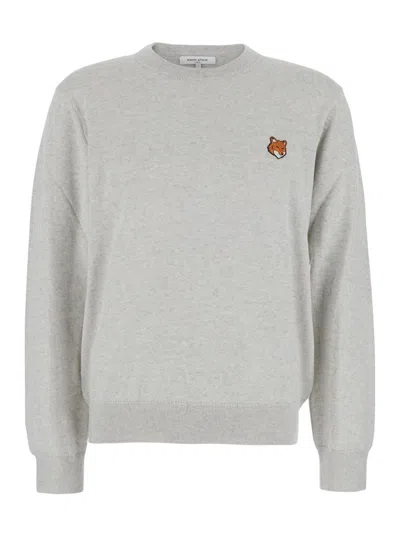 Maison Kitsuné Grey Crew Neck Sweater With Fox Patch On The Front In Wool Man In Gray