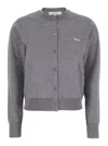 Maison Kitsuné Grey Cropped Cardigan With Round Neck And Logo Embroidery On The Front In Wool Woman