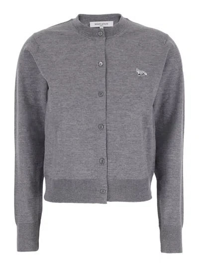 Maison Kitsuné Grey Cropped Cardigan With Round Neck And Logo Embroidery On The Front In Wool Woman