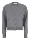 Maison Kitsuné Grey Cropped Cardigan With Round Neck And Logo Embroidery On The Front In Wool Woman