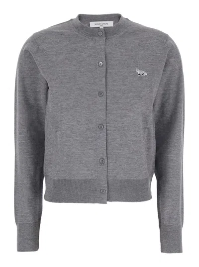 MAISON KITSUNÉ GREY CROPPED CARDIGAN WITH ROUND NECK AND LOGO EMBROIDERY ON THE FRONT IN WOOL WOMAN