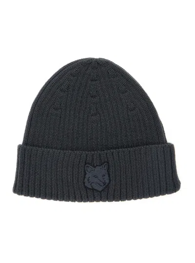 Maison Kitsuné Grey Embroidered Logo Beanie Hat In Burgundy