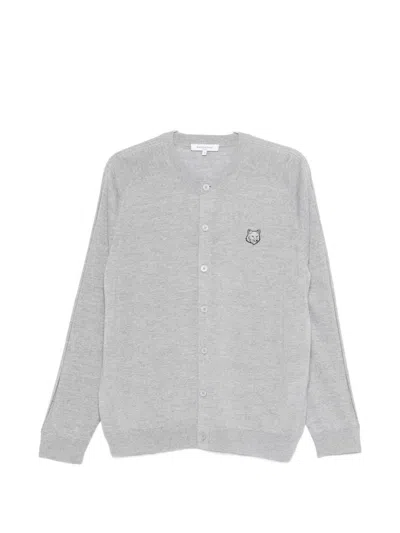 Maison Kitsuné Grey Mélange Fox Head Wool Cardigan In Gray