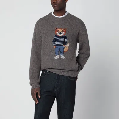 Maison Kitsuné Grey Mélange Sweater With Dressed Fox Intarsia In Multi