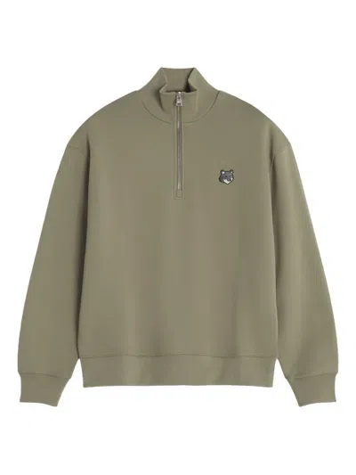 Maison Kitsuné Half-zip Fox Head-embroidered Sweatshirt In Green