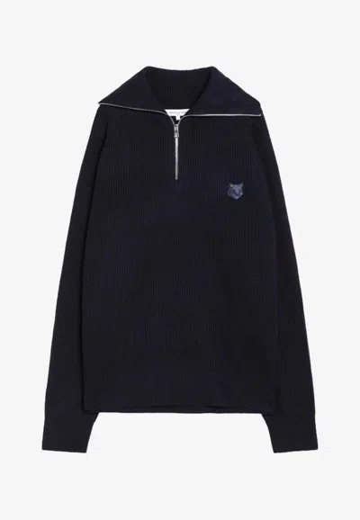 Maison Kitsuné Half-zip Wool-blend Sweater In Blue