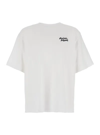 MAISON KITSUNÉ WHITE T-SHIRT WITH LETTERING LOGO EMBROIDERED ON THE FRONT IN COTTON MAN