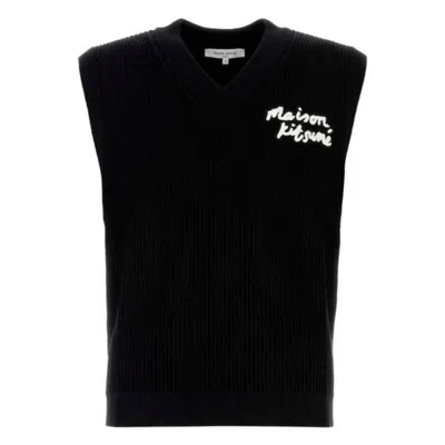 Maison Kitsuné Maison Kitsune Handwriting Embroidery Ribbed Knit Vest In Black