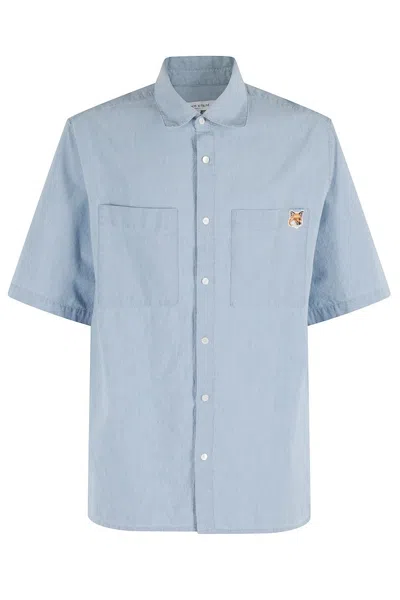 Maison Kitsuné Indigo Denim Shirt With Classic Collar And Logo Patch In Blue