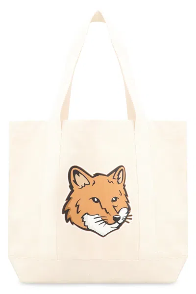 Maison Kitsuné Ivory Canvas Fox Head Shopping Bag In Neutral