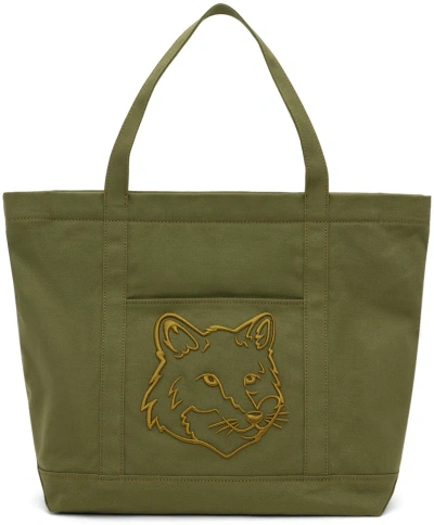 Maison Kitsuné Khaki Fox Head Large Tote In P384 Militarygreen