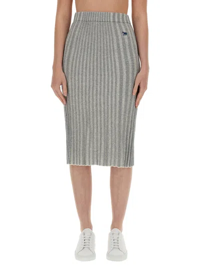 Maison Kitsuné Fox-motif Ribbed Midi Skirt In Grey