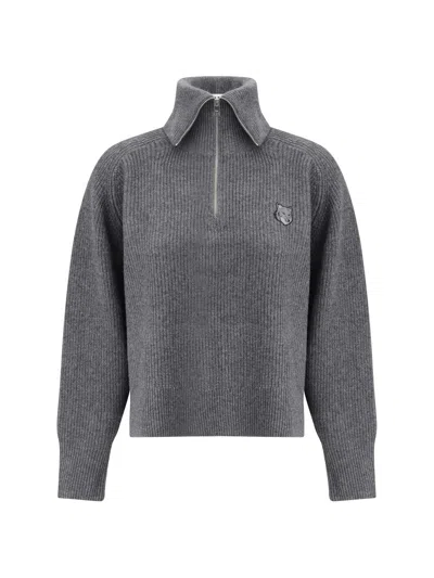 Maison Kitsuné Gray Bold Fox Head Patch Half Zip Ribbed Sweater In Grey