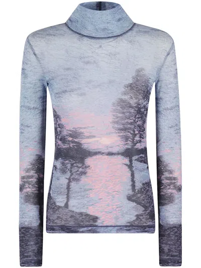 MAISON KITSUNÉ LANDSCAPE-PRINT MESH HIGH-NECK TOP