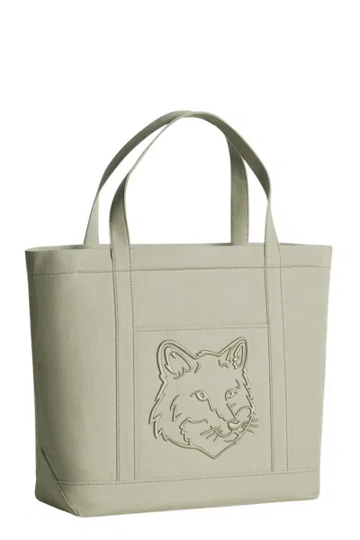 Maison Kitsuné Large Cotton Tote With Embossed Fox Head And Versatile Design In Green