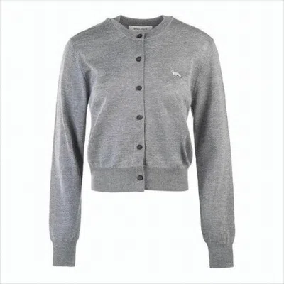 Maison Kitsuné Lightweight Grey Wool Cardigan With Classic Crew Neckline In Gray