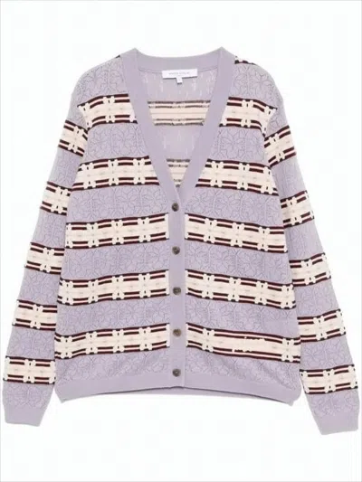 Maison Kitsuné Lilac Striped Textured Knit Cardigan With V-neckline In Purple