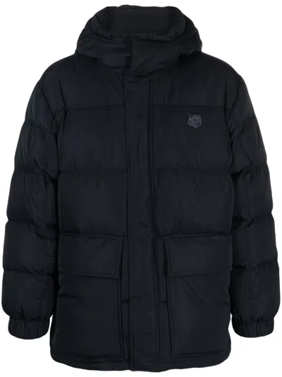 Maison Kitsuné Black Long Down Jacket With High Neck And Fox Head Patch In Nylon Woman