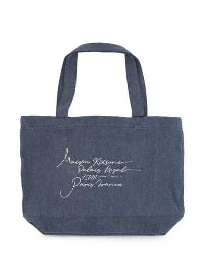 Maison Kitsuné Logo Denim Tote Bag In Blue