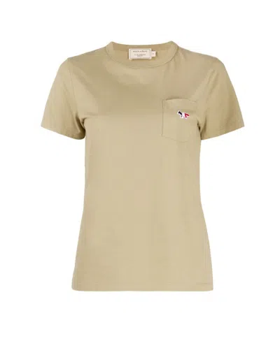 Maison Kitsuné Logo Embroidered Round Collar T-shirt In Nude