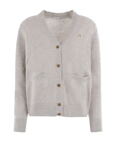 Maison Kitsuné Logo-patch V-neck Wool Cardigan In Gray