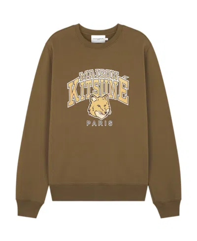 Maison Kitsuné Brown Crewneck Sweatshirt With Front Logo Print In Khaki ...