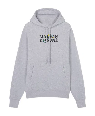 Maison Kitsuné Logo-print Drawstring Cotton Hoodie In Gray