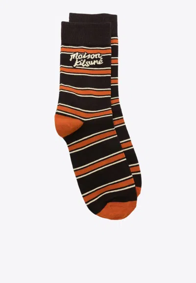 Maison Kitsuné Logo Striped Ankle Socks In Multicolor