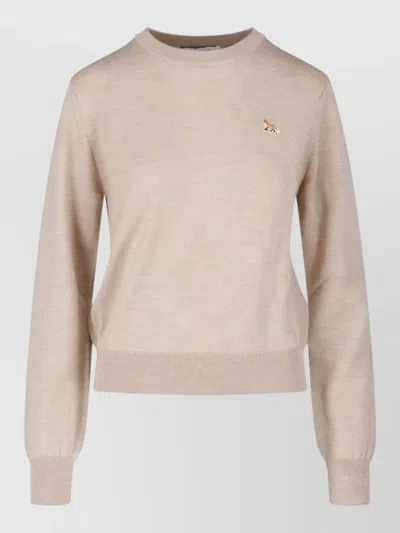 Maison Kitsuné Long Sleeve Crew Neck Top Embroidered In Brown