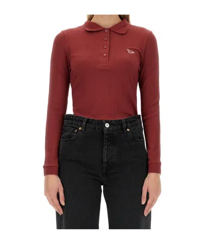 Maison Kitsuné Long-sleeved Knitted Polo Shirt In Red
