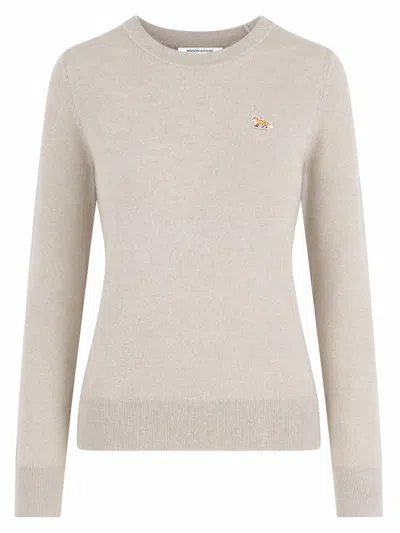 Maison Kitsuné Beige Embroidered Crew Neck Sweater In Multi