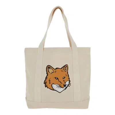 Maison Kitsuné Maison Kitsun White Tote Bag With Fox Head Patch In Cotton Canvas