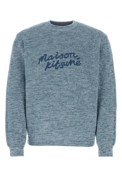 Maison Kitsuné Melange Light Blue Cotton Sweater In Inkbluemelange
